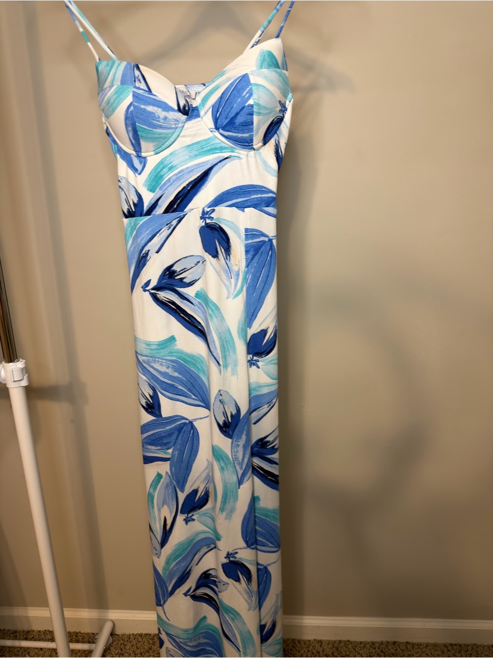 Elan White Blue Leaf-Print Spaghetti Strap Jumpsuit